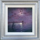 clair de lune rydal water lake district an original oil painting by Andrew Grant Kurtis. A stunning purple moonlit scene with the full moon reflections in the lake.