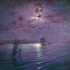 clair de lune rydal water lake district an original oil painting by Andrew Grant Kurtis. A stunning purple moonlit scene with the full moon reflections in the lake.