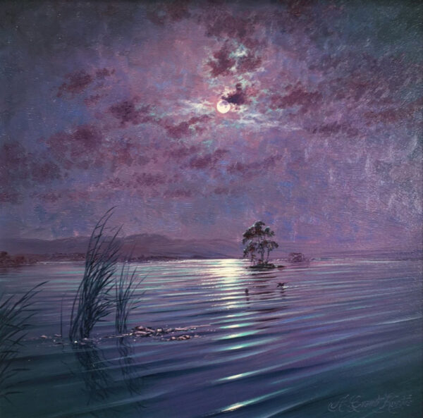 clair de lune rydal water lake district an original oil painting by Andrew Grant Kurtis. A stunning purple moonlit scene with the full moon reflections in the lake.