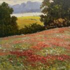 lake district art original oil painting by local artist Jeff Sudders featuring a a colourful flower meadow overlooking Lake Windermere