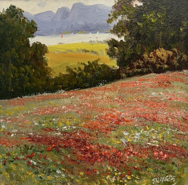 lake district art original oil painting by local artist Jeff Sudders featuring a a colourful flower meadow overlooking Lake Windermere