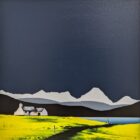 lake district art original acrylic painting coniston and the old man by jay nottingham with dark blue sky and house with red door in front of silhouetted mountain range.