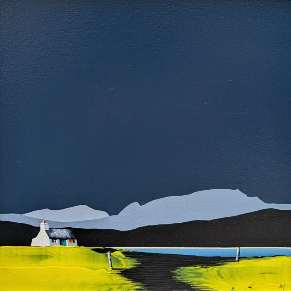 lake district art by jay nottingham contemporary bold original acrylic painting Coniston and the Old Man silhouetted fells and bothy cottage