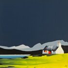 Lake District art original acrylic painting Coniston and The Old Man by Jay Nottingham in a modern minimal style with dark blue sky mountain silhouettes and white house with red door.