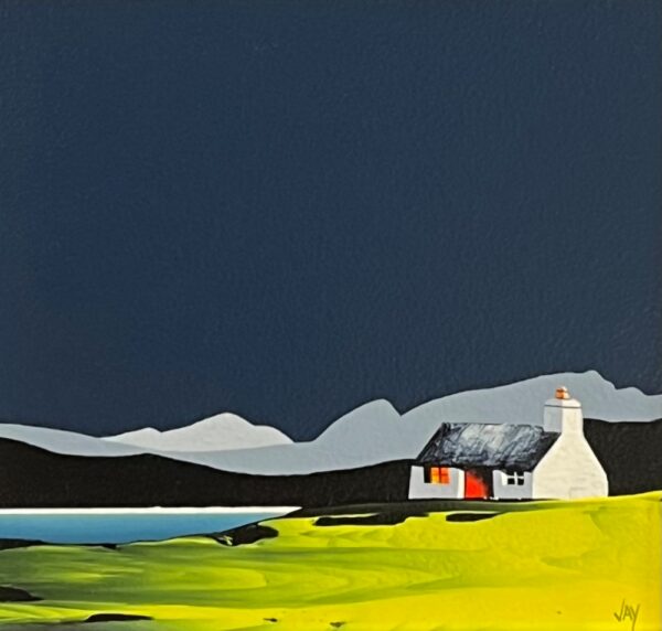 Lake District art original acrylic painting Coniston and The Old Man by Jay Nottingham in a modern minimal style with dark blue sky mountain silhouettes and white house with red door.
