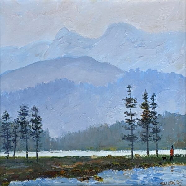 Lake District art original oil painting Early Morning by Jeff Sudders of blue silhoetted mountains and the langdale pikes from the lake with trees in the foreground.