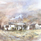 Lake District art framed limited edition print Elterwater Cottages II by Tony Lees of cottages with smoke coming out of the chimneys and fells behind.