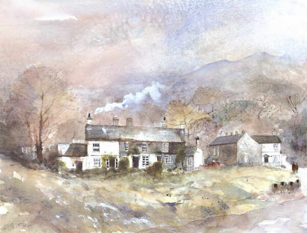 Lake District art framed limited edition print Elterwater Cottages II by Tony Lees of cottages with smoke coming out of the chimneys and fells behind.