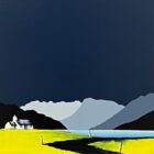lake district art by contemporary artist jay nottingham a landscape painting of a white cottage on bright green hills beside a lake with dark mountains and pale peaks beneath a deep navy sky
