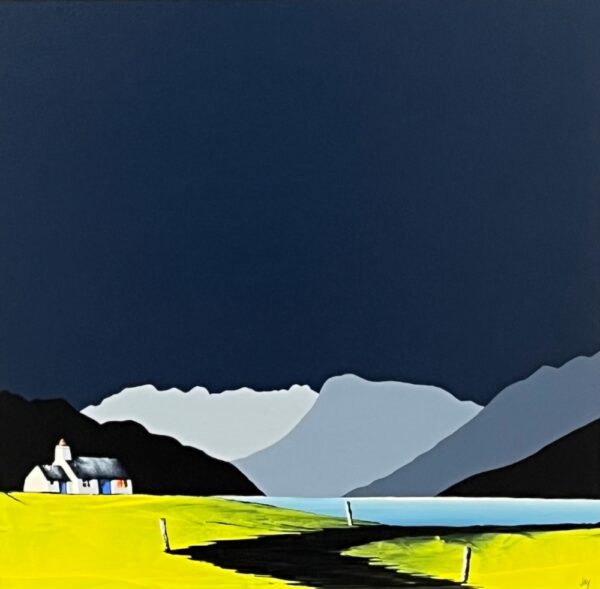 lake district art by contemporary artist jay nottingham a landscape painting of a white cottage on bright green hills beside a lake with dark mountains and pale peaks beneath a deep navy sky