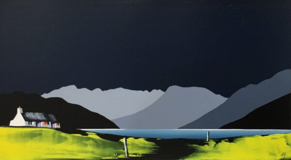 lake district art original acrylic painting by artist jay nottingham. fairfield horseshoe windermere a contemporary bold contrasting landscape with Mellbreak and other mountain silhouettes