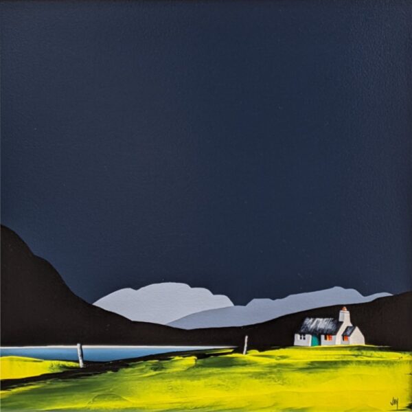 lake district art original acrylic painting grasmere and helm crag by jay nottingham in his modern style with dark blue sky and yellow foreground, house and red door with mountain silhouettes.