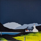 Lake District Art original acrylic painting Grasmere & Helm Crag by Jay Nottingham in his dramatic style of mountain silhouettes in blues with a cottage in the foreground.