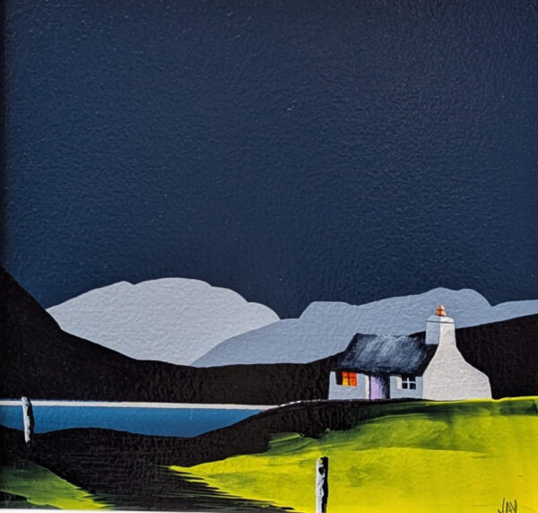 Lake District Art original acrylic painting Grasmere & Helm Crag by Jay Nottingham in his dramatic style of mountain silhouettes in blues with a cottage in the foreground.