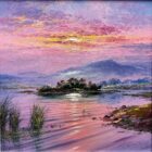 In the light of Derwentwater lake district an original oil painting by Andrew Grant Kurtis. A stunning sunset scene with a beautiful light reflecting off the lake.