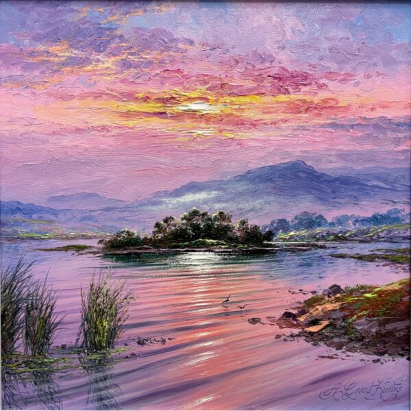 In the light of Derwentwater lake district an original oil painting by Andrew Grant Kurtis. A stunning sunset scene with a beautiful light reflecting off the lake.