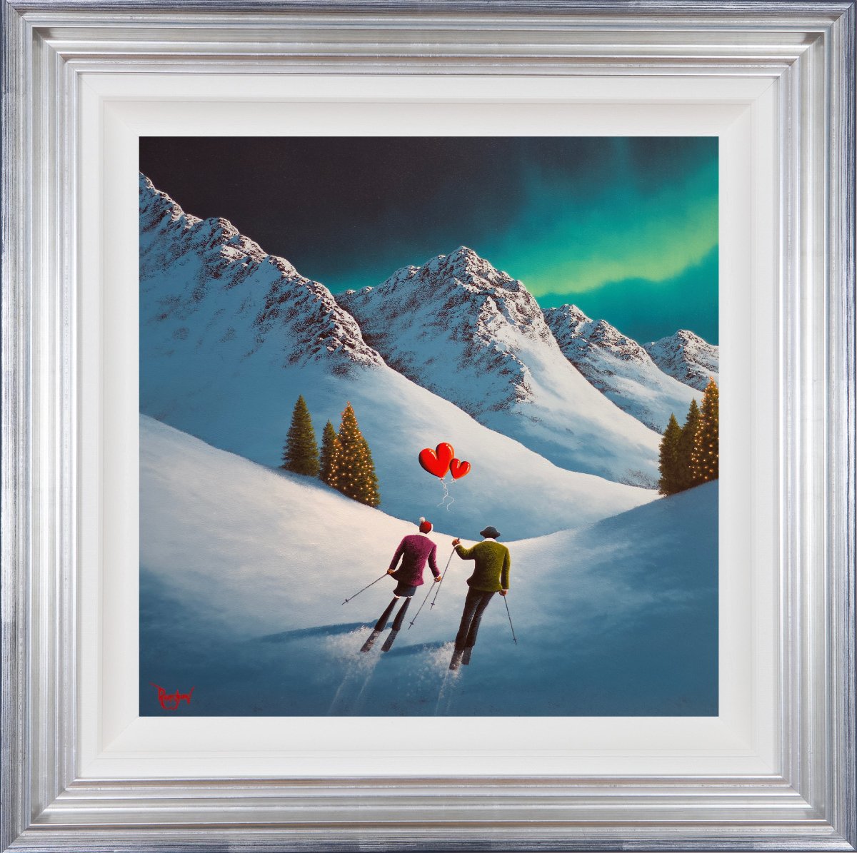 Lake District art original oil painting by David Renshaw. Ted and Doris with red love heart overlooking snow covered mountains skiing together magical winter wonderland