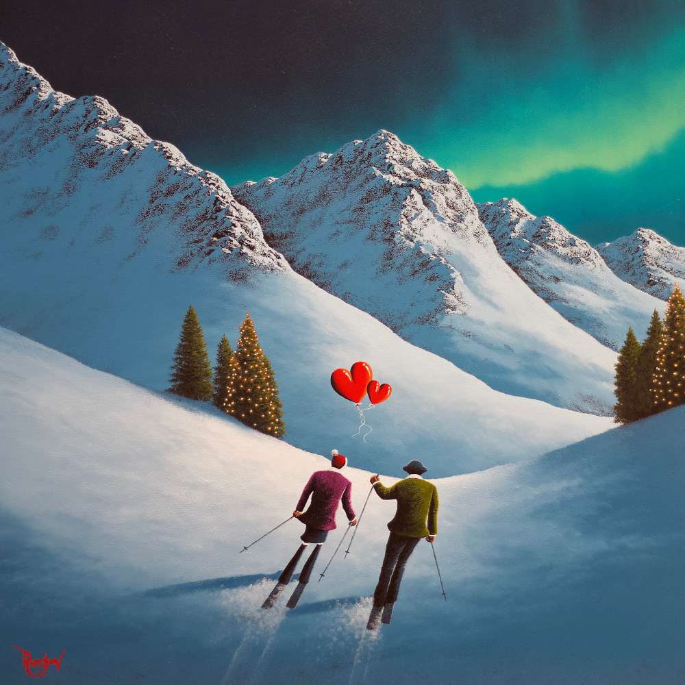 It's Magical Lake District art original oil painting by David Renshaw. Ted and Doris with red love heart overlooking snow covered mountains skiing together magical winter wonderland