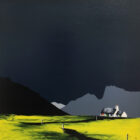 Lake District art by Jay Nottingham. A contemporary original acrylic painting of Langdale Pikes from Langdale Valley and surrounding fells in bold silhouettes in a contrasting style.