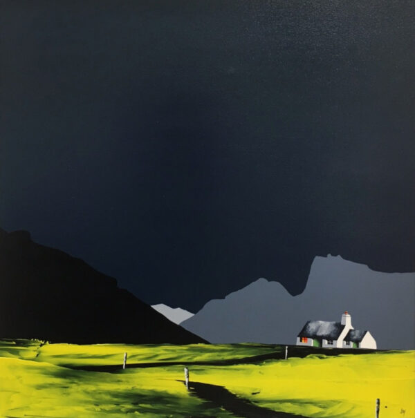 Lake District art by Jay Nottingham. A contemporary original acrylic painting of Langdale Pikes from Langdale Valley and surrounding fells in bold silhouettes in a contrasting style.