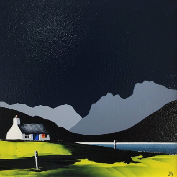 Lake District Art original acrylic painting Langdale Pikes from loughrigg tarn by Jay Nottingham in his dramatic style of mountain sihouettes in blues with a cottage in the foreground.