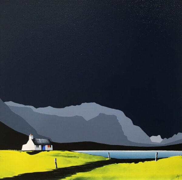 lake district art by jay nottingham contemporary bold original acrylic painting loughrigg fell silhouetted fells and bothy cottage