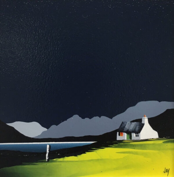 Lake District Art original acrylic painting Ullswater by Jay Nottingham in his dramatic style of mountain sihouettes in blues with a cottage in the foreground.