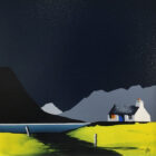 Lake District Art original acrylic painting wastwater yewbarrow great gable scafell by Jay Nottingham in his dramatic style of mountain sihouettes in blues with a cottage in the foreground.