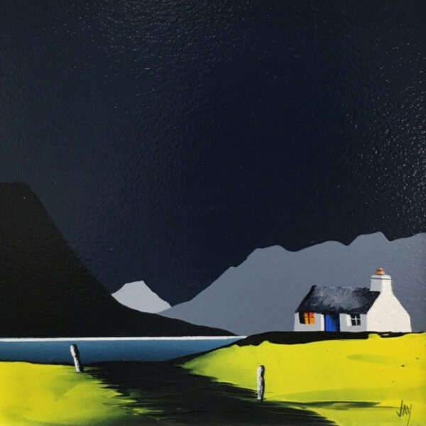 Lake District Art original acrylic painting wastwater yewbarrow great gable scafell by Jay Nottingham in his dramatic style of mountain sihouettes in blues with a cottage in the foreground.