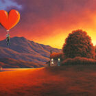 A landscape painting of rolling hills and trees at sunset.