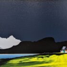 lake district art original acrylic painting langdale pikes blea tarn by jay nottingham with dark blue sky and silhouetted mountains with white house and yellow foreground.