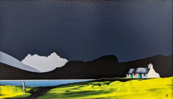 lake district art original acrylic painting langdale pikes blea tarn by jay nottingham with dark blue sky and silhouetted mountains with white house and yellow foreground.