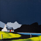 Lake District Art original acrylic painting Langdale Pikes Blea Tarn by Jay Nottingham in his dramatic style of mountain silhouettes in blues with a cottage in the foreground.