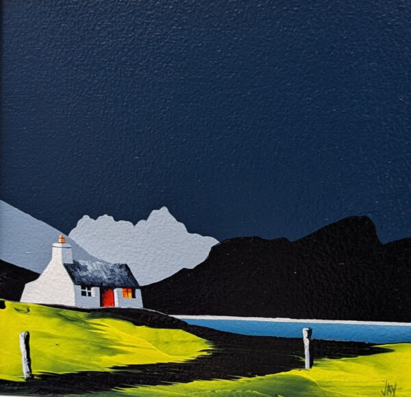 Lake District Art original acrylic painting Langdale Pikes Blea Tarn by Jay Nottingham in his dramatic style of mountain silhouettes in blues with a cottage in the foreground.