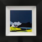 Lake District Art original acrylic painting Langdale Pikes Blea Tarn by Jay Nottingham in his dramatic style of mountain silhouettes in blues with a cottage in the foreground.