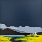 lake district art original acrylic painting langdale pikes and windermere by jay nottigham with characteristic dark blue sky silhouetted mountains and yellow forground with white cottage with red door.