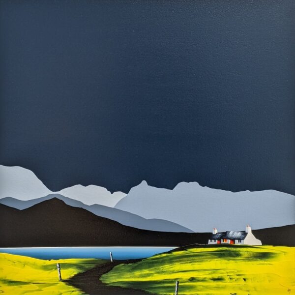 lake district art original acrylic painting langdale pikes and windermere by jay nottigham with characteristic dark blue sky silhouetted mountains and yellow forground with white cottage with red door.