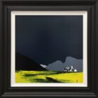 Lake District art by Jay Nottingham. A contemporary original acrylic painting of Langdale Pikes from Langdale Valley and surrounding fells in bold silhouettes in a contrasting style.