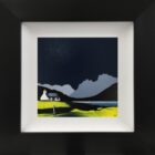 Lake District Art original acrylic painting Langdale Pikes from loughrigg tarn by Jay Nottingham in his dramatic style of mountain sihouettes in blues with a cottage in the foreground.