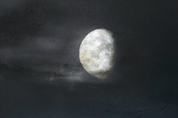 lake district art original charcoal painting of the moon against a dramatic night sky