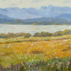 lake district art original oil painting looking towards windermere by jeff sudders of a view of the mountains and lake seen across golden meadows