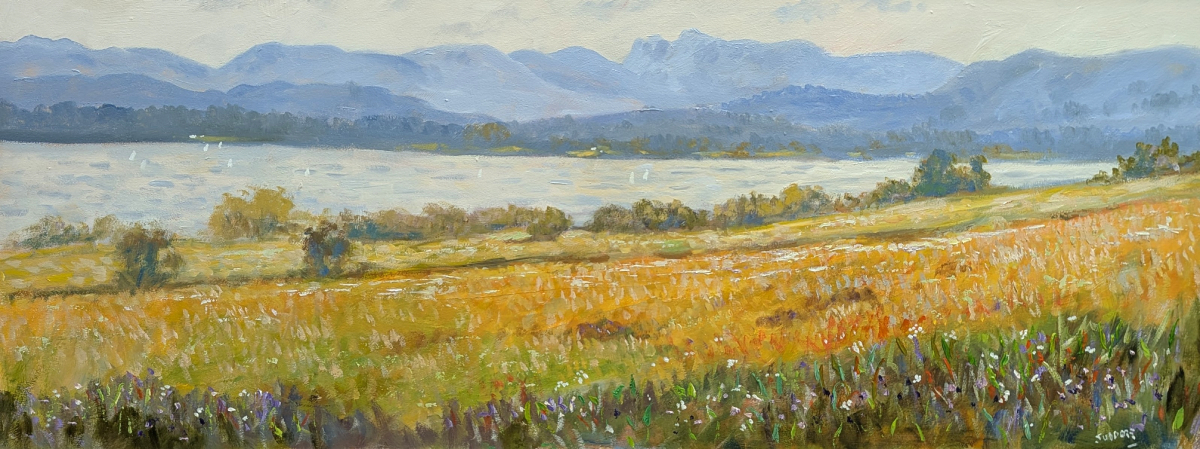 Looking Towards Windermere by Jeff Sudders lake district art original oil painting looking towards windermere by jeff sudders of a view of the mountains and lake seen across golden meadows