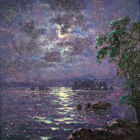 Moonlight breeze rydal water lake district an original oil painting by Andrew Grant Kurtis. A stunning purple moonlit scene with the full moon reflections in the lake.