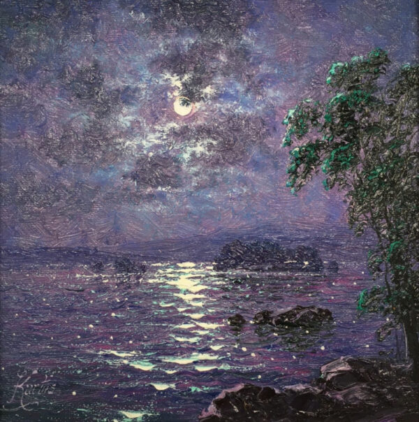 Moonlight breeze rydal water lake district an original oil painting by Andrew Grant Kurtis. A stunning purple moonlit scene with the full moon reflections in the lake.