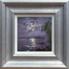 Moonlight breeze rydal water lake district an original oil painting by Andrew Grant Kurtis. A stunning purple moonlit scene with the full moon reflections in the lake.