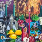 An original still life acrylic painting Moonlight Opulence by Cumbria based artist Donna Flowers Dorning.