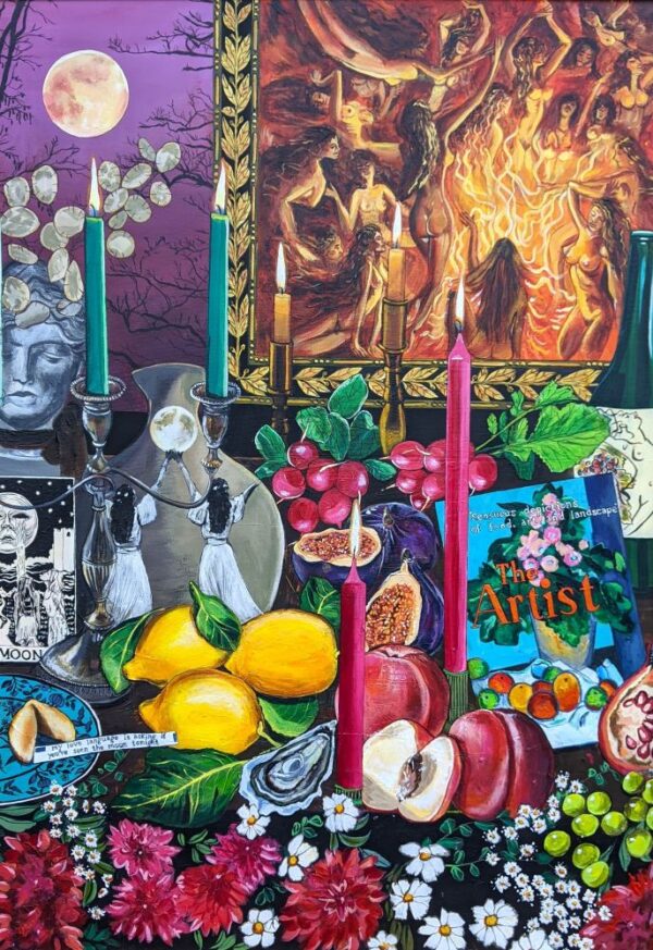 An original still life acrylic painting Moonlight Opulence by Cumbria based artist Donna Flowers Dorning.