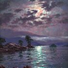 lake district art original oil painting moonlight reflections ullswater by andrew grant kurtis of light glinting on the lake through clouds in purple hues