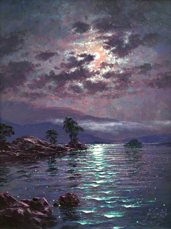 lake district art original oil painting moonlight reflections ullswater by andrew grant kurtis of light glinting on the lake through clouds in purple hues