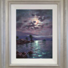 lake district art original oil painting moonlight reflections ullswater by andrew grant kurtis in a silver frame with white slip.